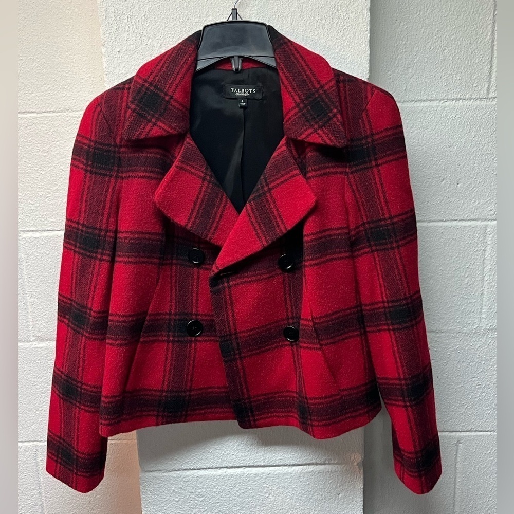 Talbots Red & Black Plaid Alpaca
Wool Blend Lined Jacket. 6
